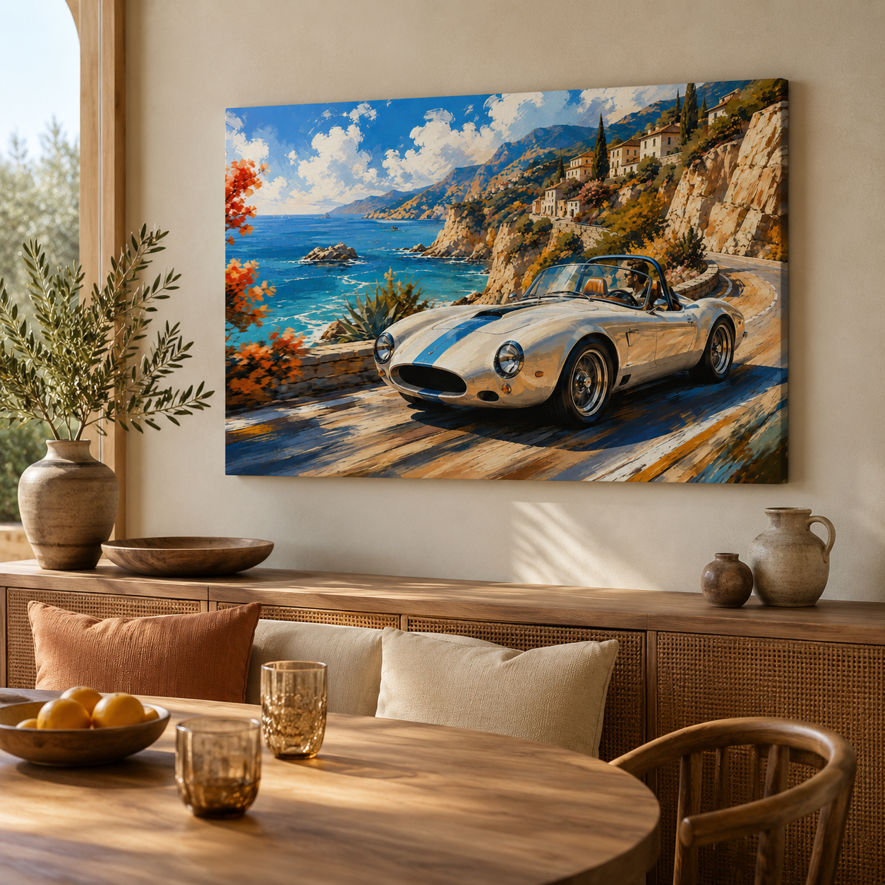 Azure Coast illustrated Mediterranean car canvas displayed in a warm dining space