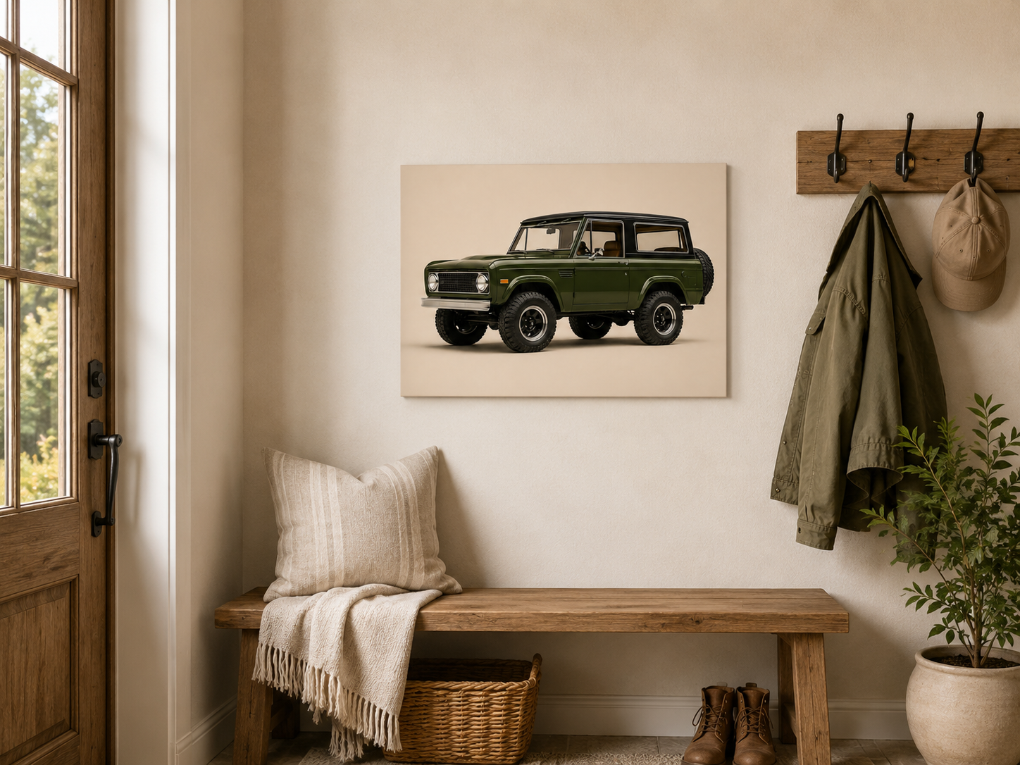 Olive Trail classic off road canvas displayed in a practical mudroom entrance