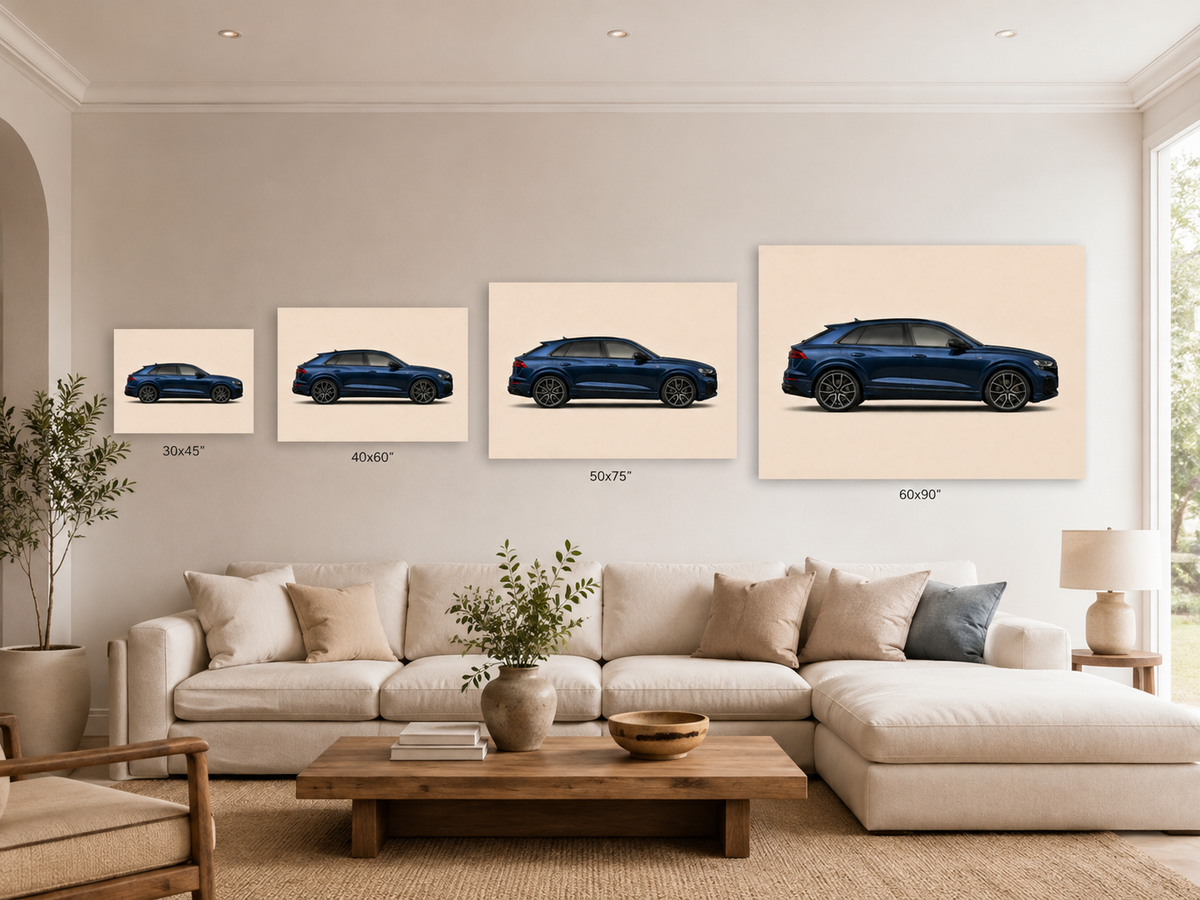 Midnight Q8 minimalist blue SUV canvas displayed above a wooden desk in a bright home office