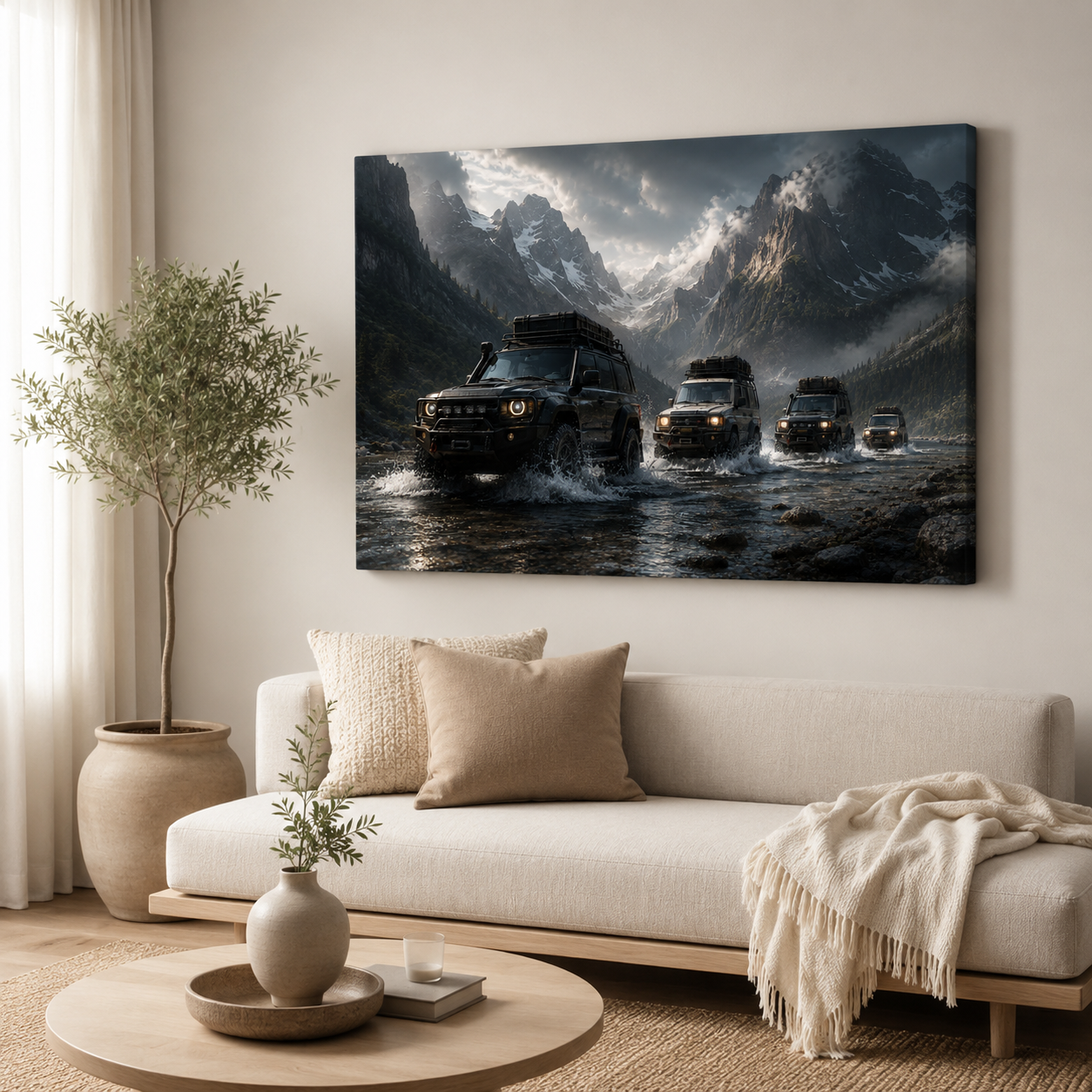 Alpine Passage cinematic off road canvas displayed in a bright neutral living room