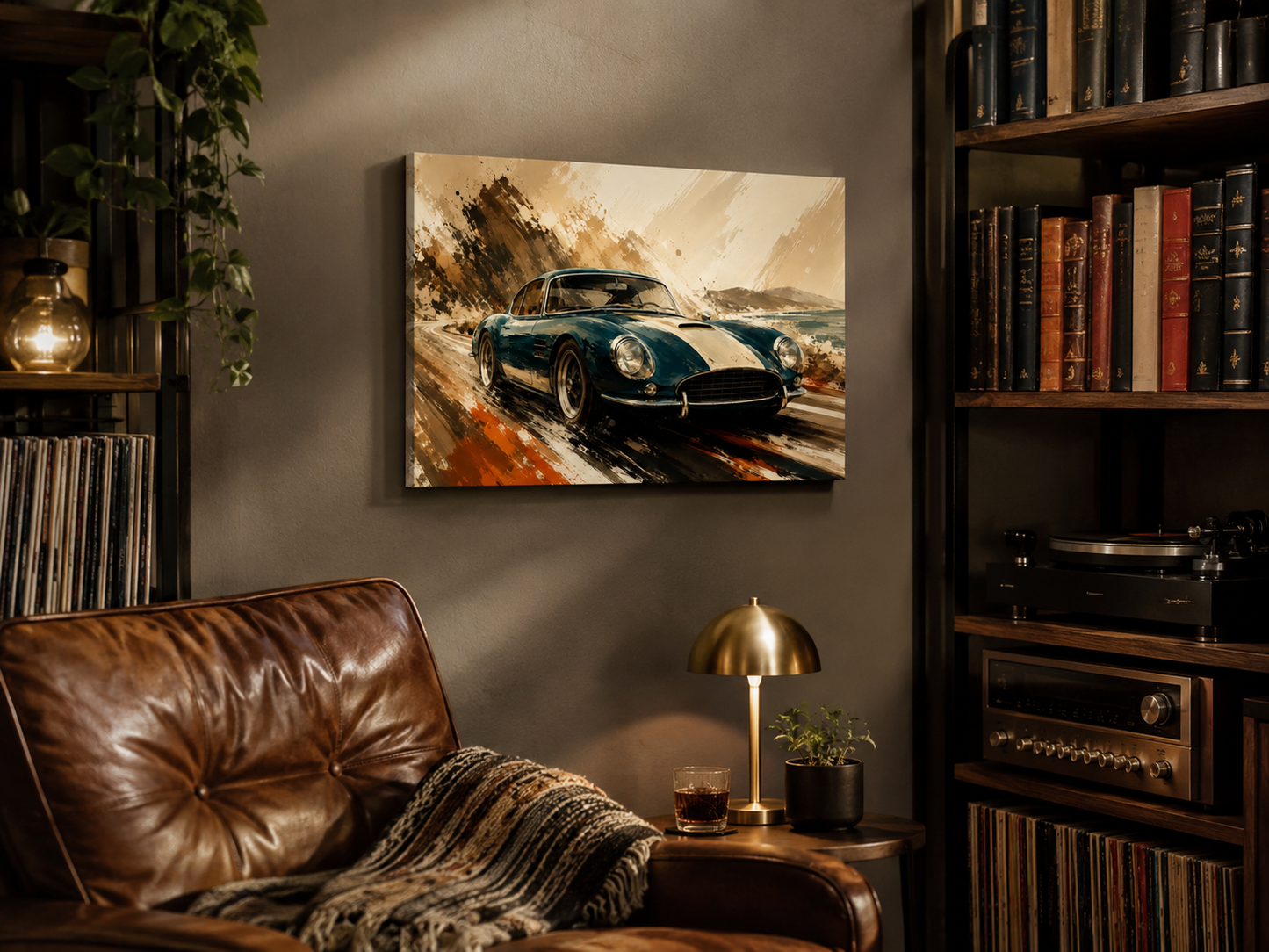 Azure Escape teal automotive canvas displayed in a cosy music and reading room