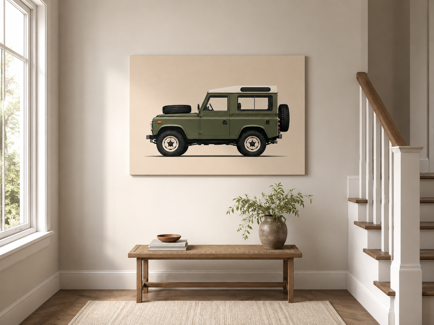 Minimalist olive green 4x4 canvas wall art displayed beside a staircase in a bright neutral entryway