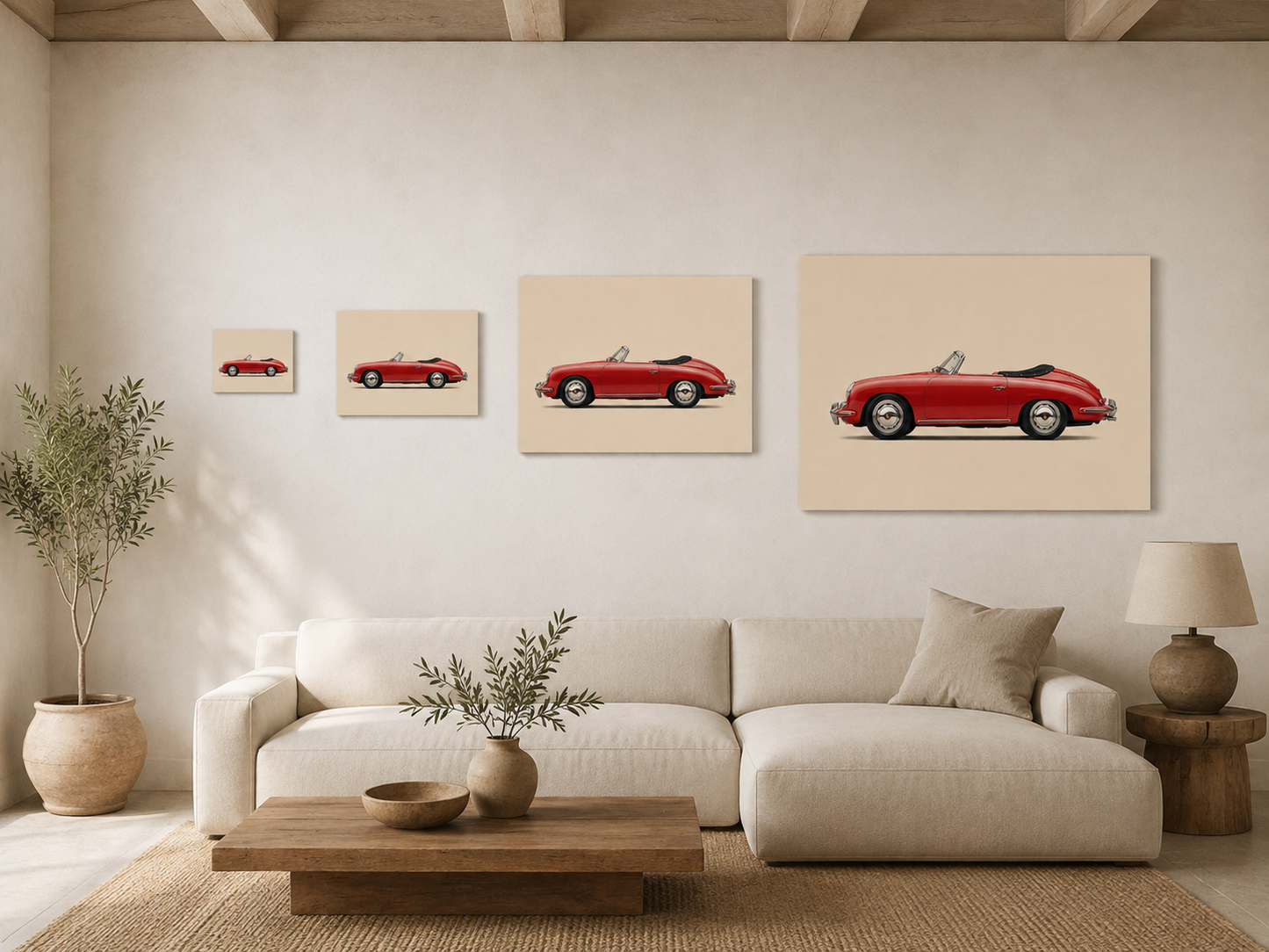 Crimson Roadster canvas size comparison showing 30x45 40x60 50x75 and 60x90 cm options