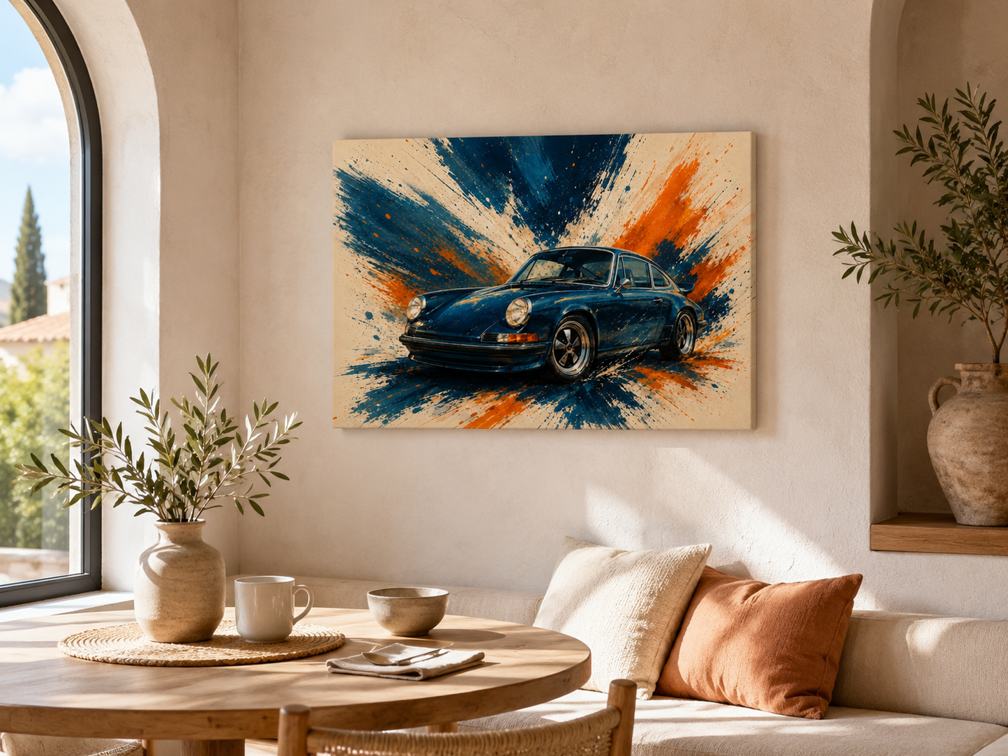 Blue Velocity illustrated car wall art displayed in a bright Mediterranean dining room
