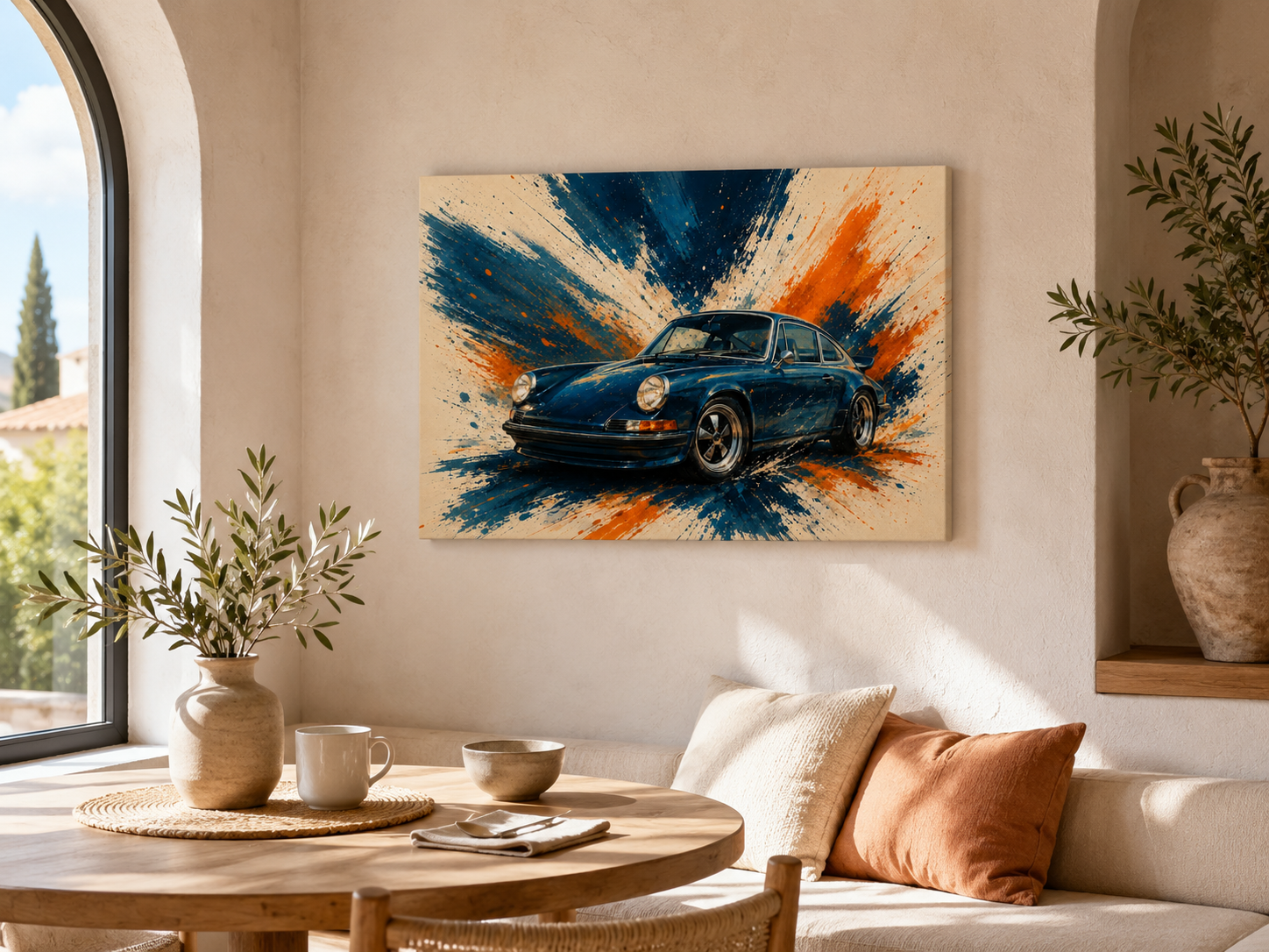 Blue Velocity illustrated car wall art displayed in a bright Mediterranean dining room