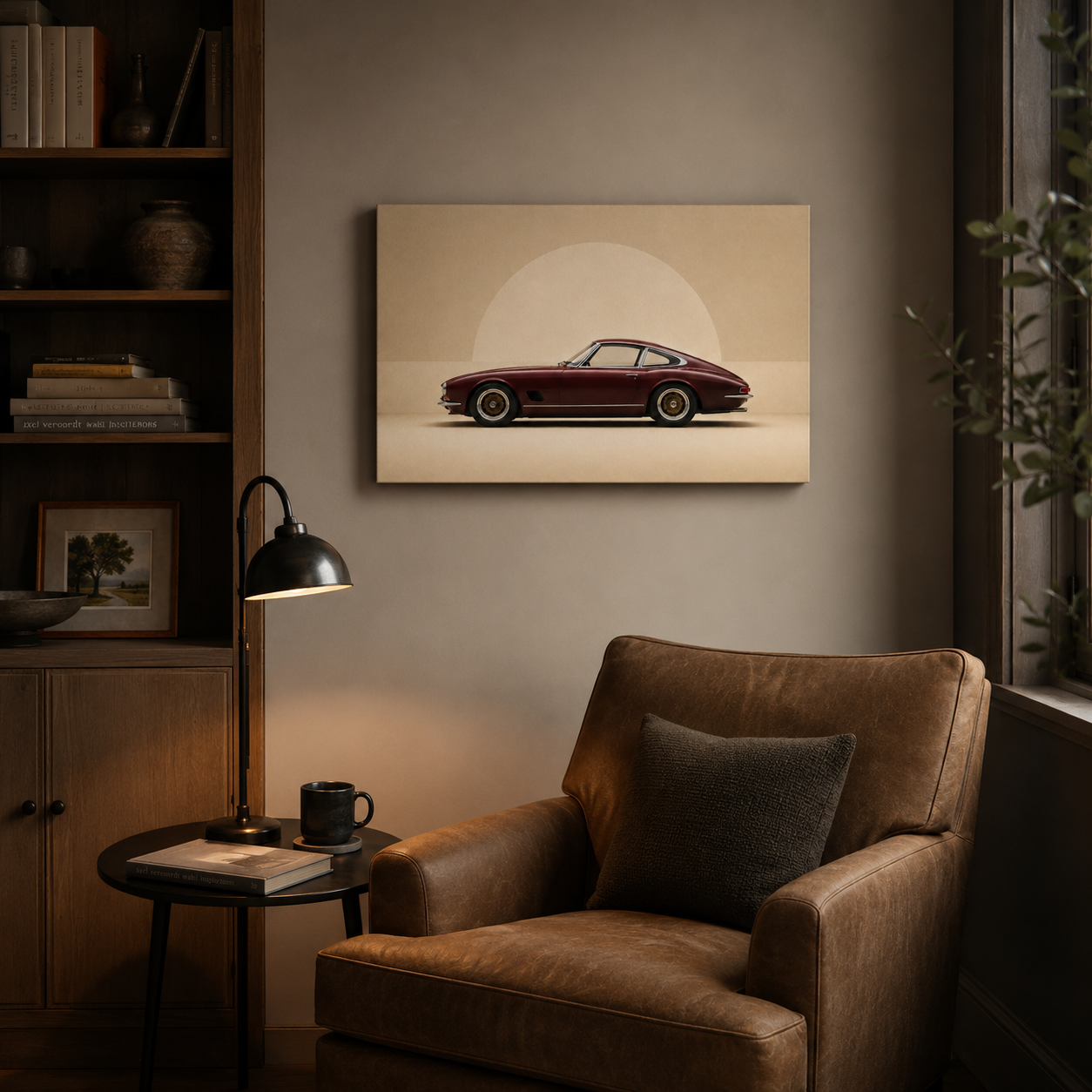 Burgundy Horizon minimalist automotive canvas displayed in a dark executive home office