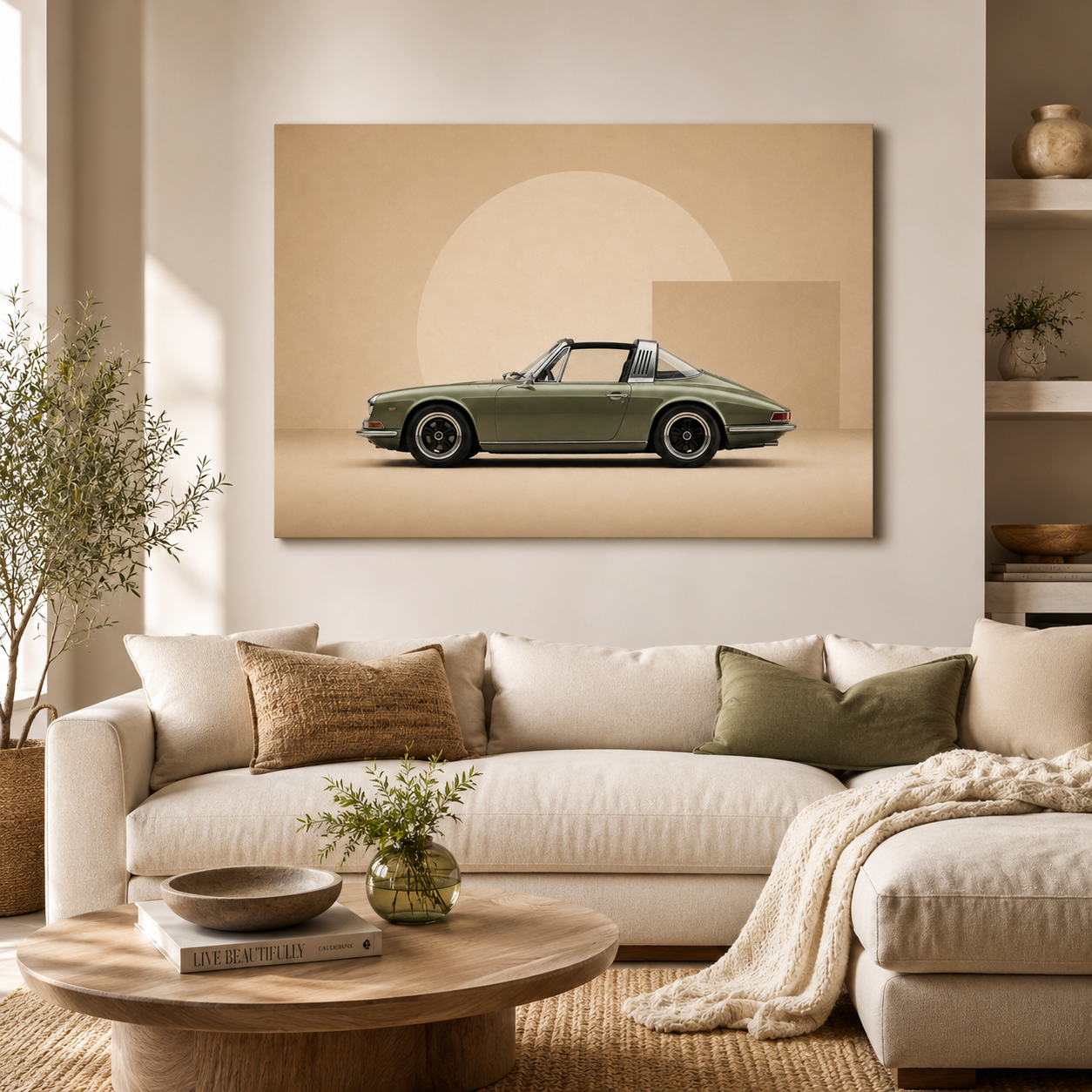 Olive Arc olive green targa car canvas displayed in a bright contemporary living room