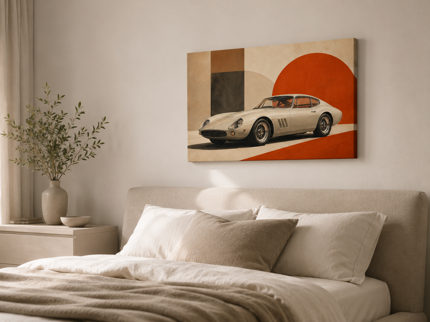 Crimson Geometry geometric automotive wall art displayed above a warm neutral bedroom