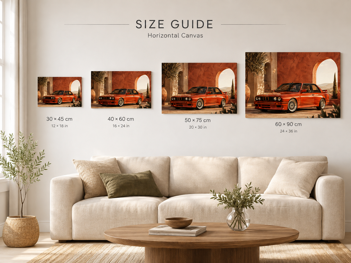 Rosso M3 canvas size guide showing 30x45 40x60 50x75 and 60x90 cm options