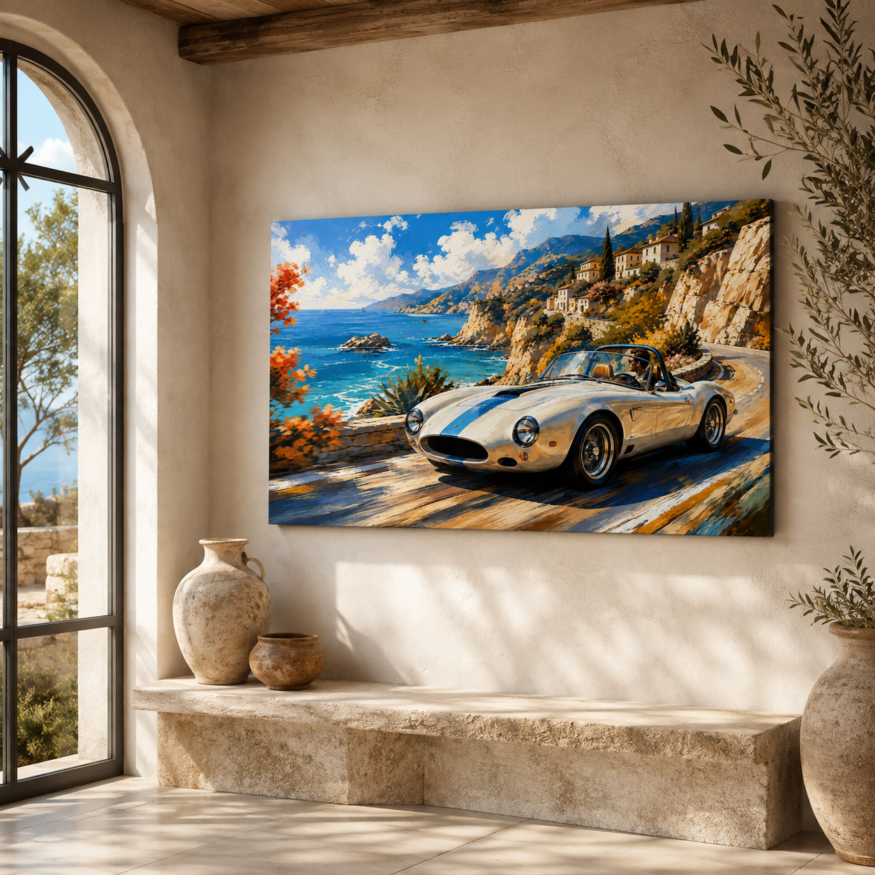 Azure Coast illustrated roadster canvas displayed in a sunlit Mediterranean style interior