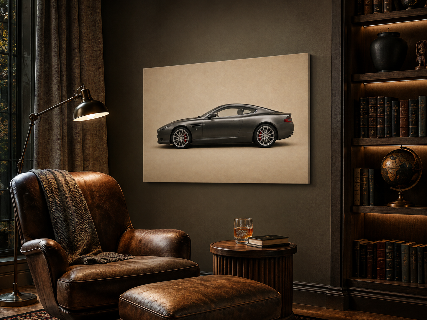Graphite Grand Tour luxury sports coupe canvas displayed in a dark leather reading room