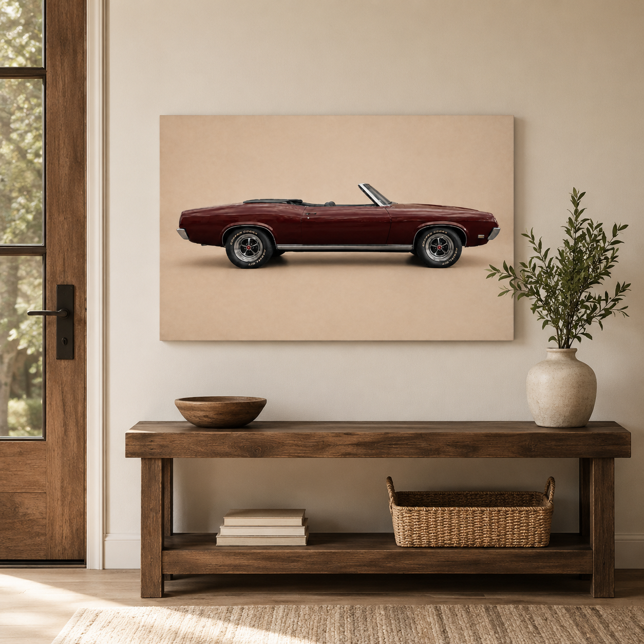 Burgundy Open Road convertible wall art displayed above a rustic wooden entryway console