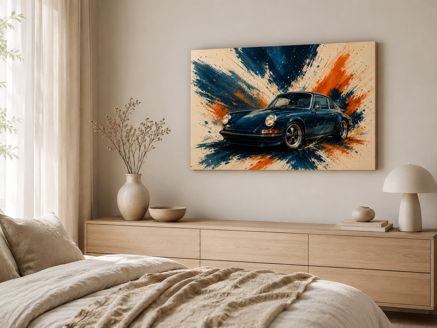 Blue Velocity illustrated sports coupe wall art displayed in a warm neutral bedroom