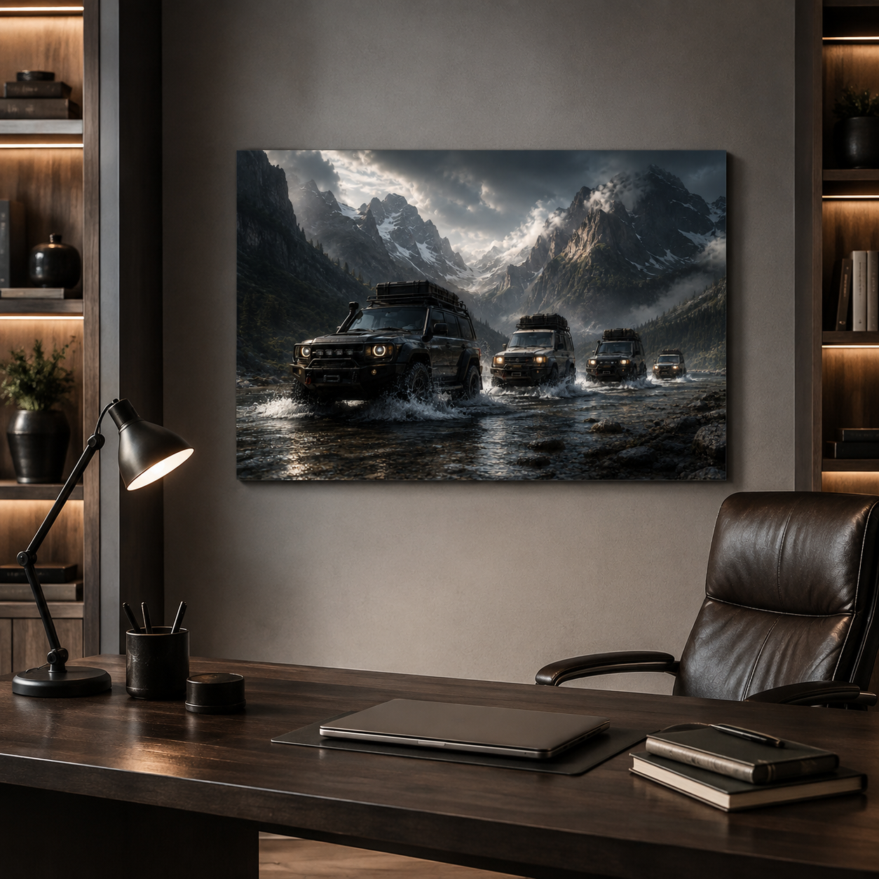 Alpine Passage mountain expedition canvas displayed in a modern dark home office