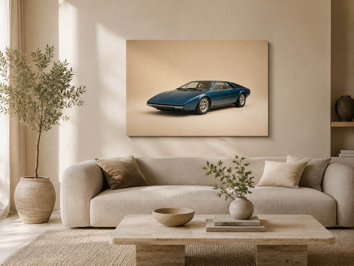 Blue Meridian blue retro car canvas displayed above a modern neutral living room sofa