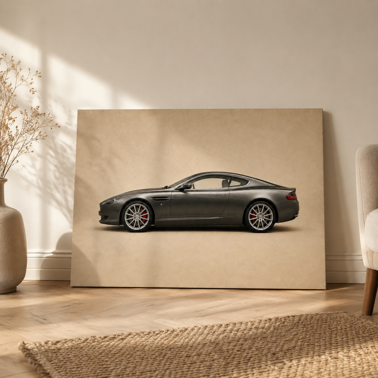 Graphite Grand Tour minimalist sports coupe canvas leaning on the floor in a sunlit neutral interior