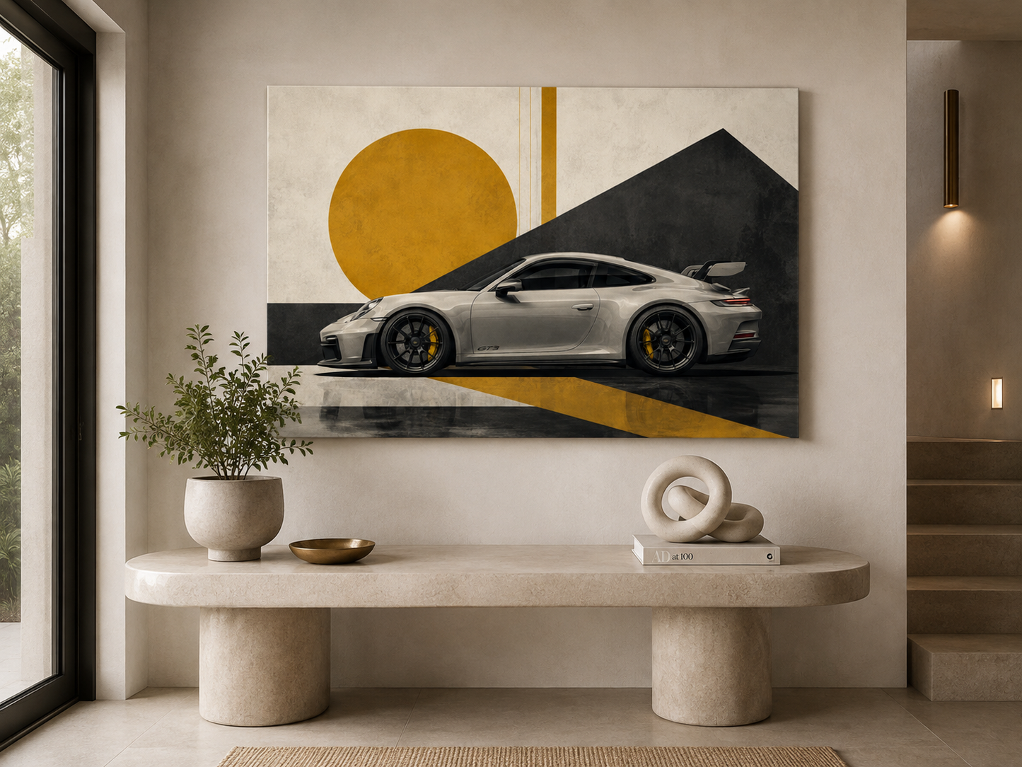 Golden Apex performance car wall art displayed in a minimalist modern entryway