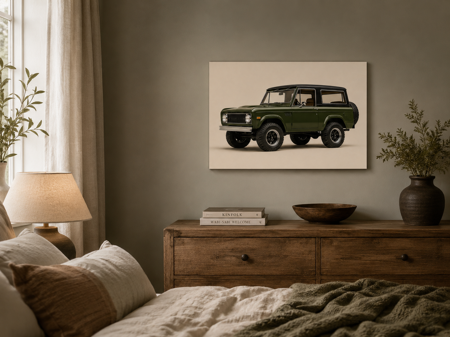 Olive Trail classic 4x4 wall art displayed in a calm neutral bedroom