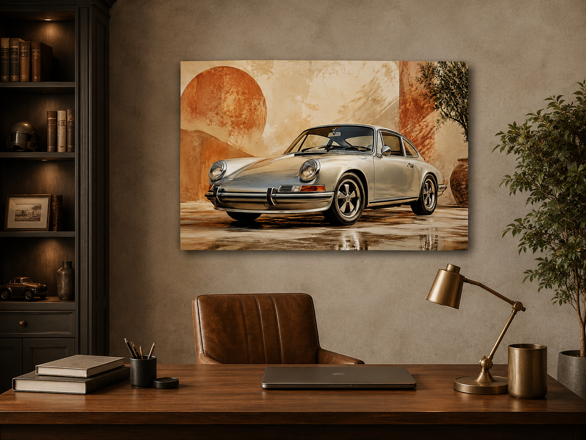 Terracotta 911 vintage automotive canvas above a cream sofa in a bright living room