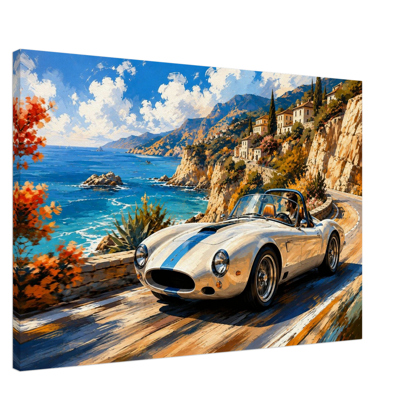 Side view of Azure Coast illustrated roadster canvas showing gallery wrapped depth