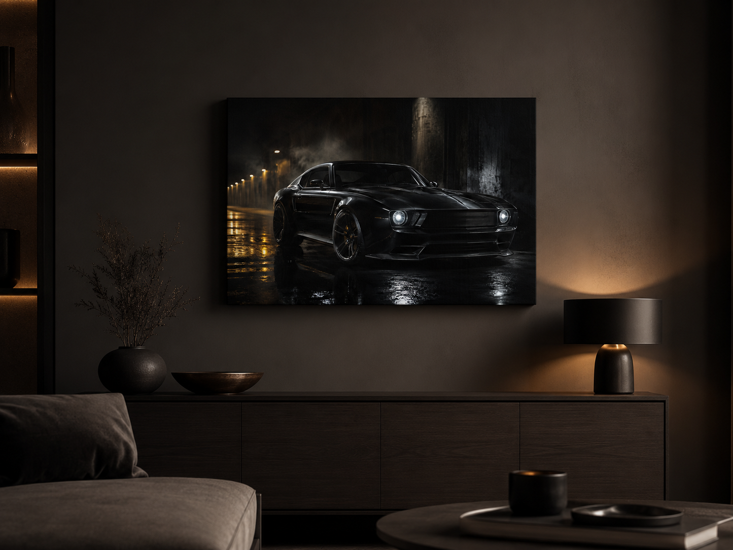 Midnight Dominion black sports car canvas displayed in a moody modern living room