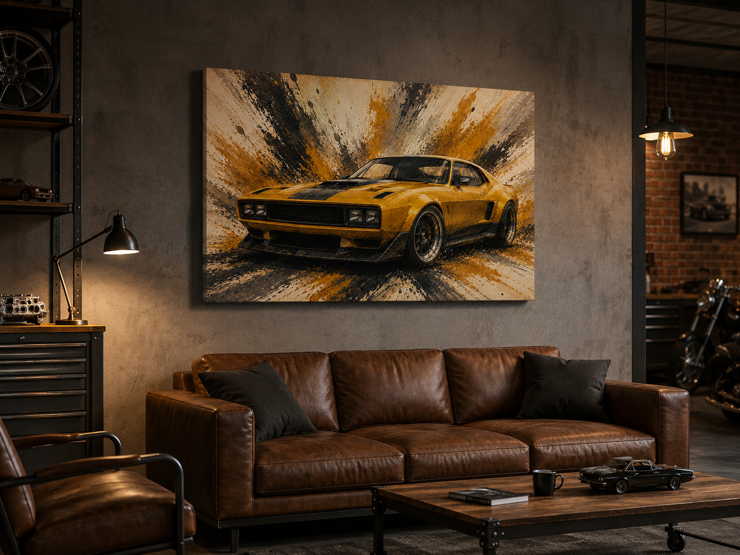 Mustard Motion fictional classic muscle car canvas displayed in a premium automotive garage lounge