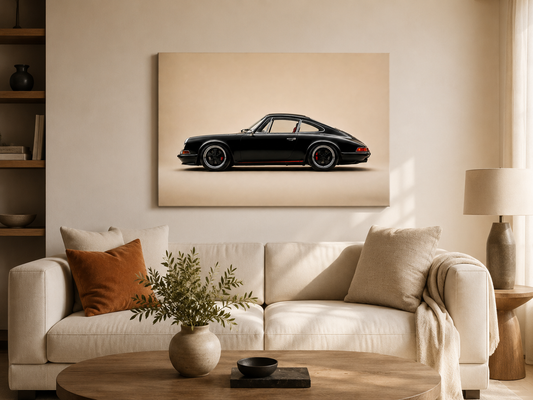 Minimalist classic car canvas displayed in a warm modern living room