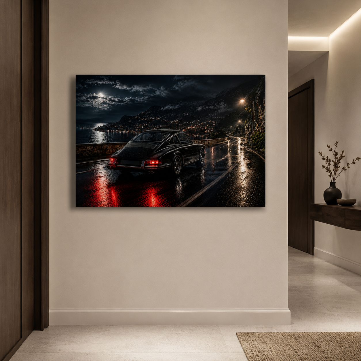 Classic car canvas wall art displayed in an elegant modern hallway