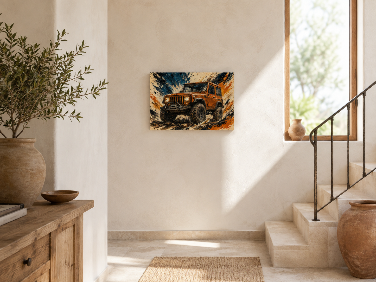 Trail Burst orange 4x4 canvas in a cabin-style room