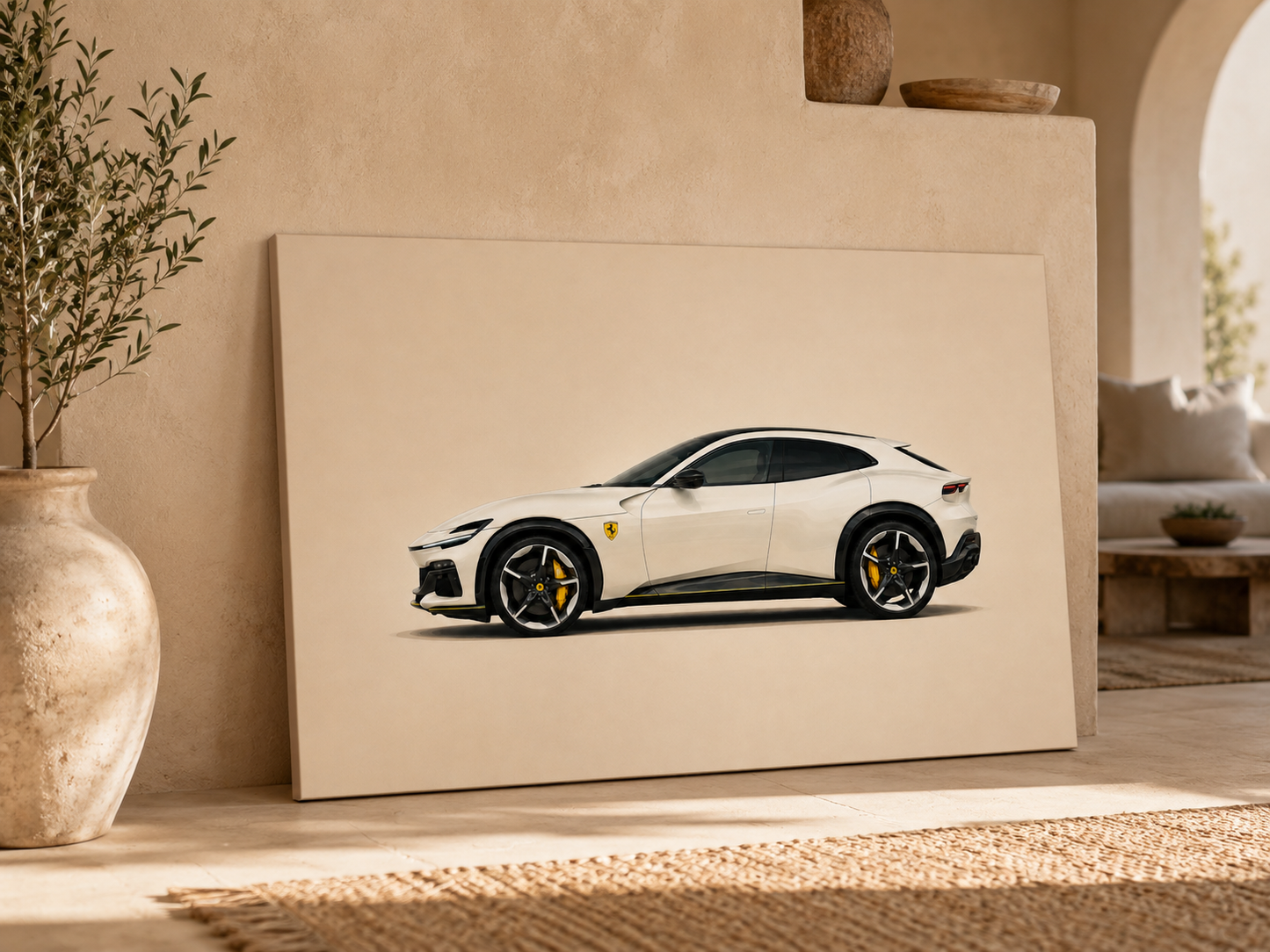 White performance SUV canvas wall art leaning against a beige wall in a modern home