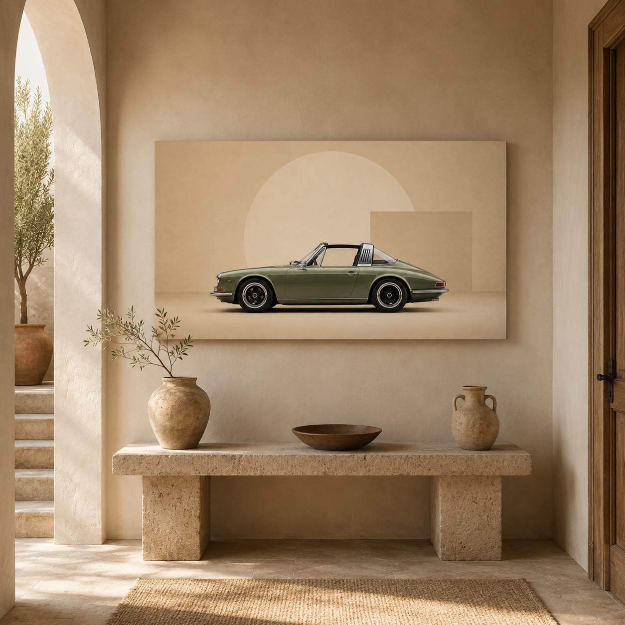 Olive Arc geometric car canvas displayed above a Mediterranean style entryway console