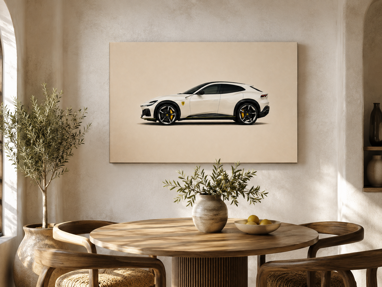 Ivory V12 minimalist automotive canvas print above a round dining table in a neutral interior