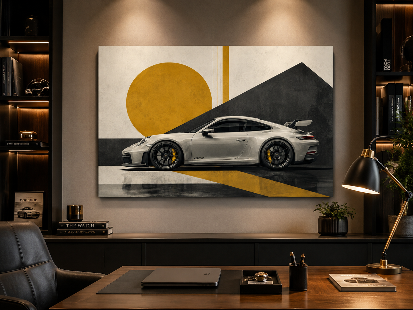 Golden Apex modern sports car canvas displayed in a dark luxury executive office