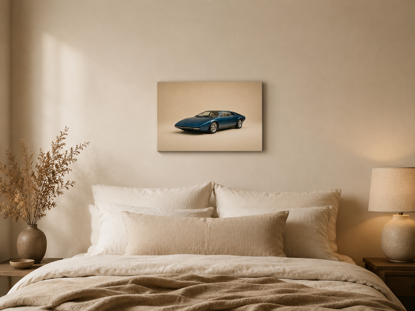 Blue Meridian petrol blue car wall art displayed above a calm modern bed
