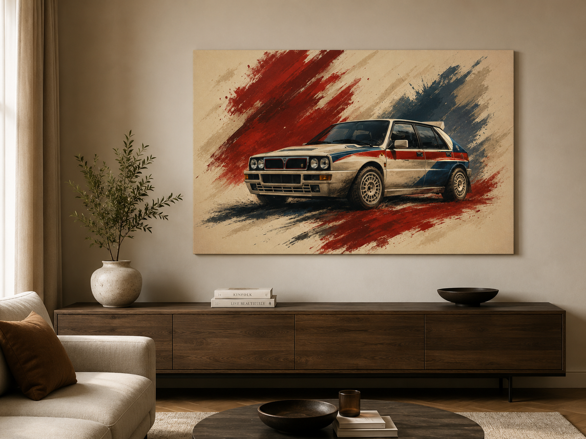 Rally Legacy rally-inspired canvas above a low wooden console in a bright modern interior
