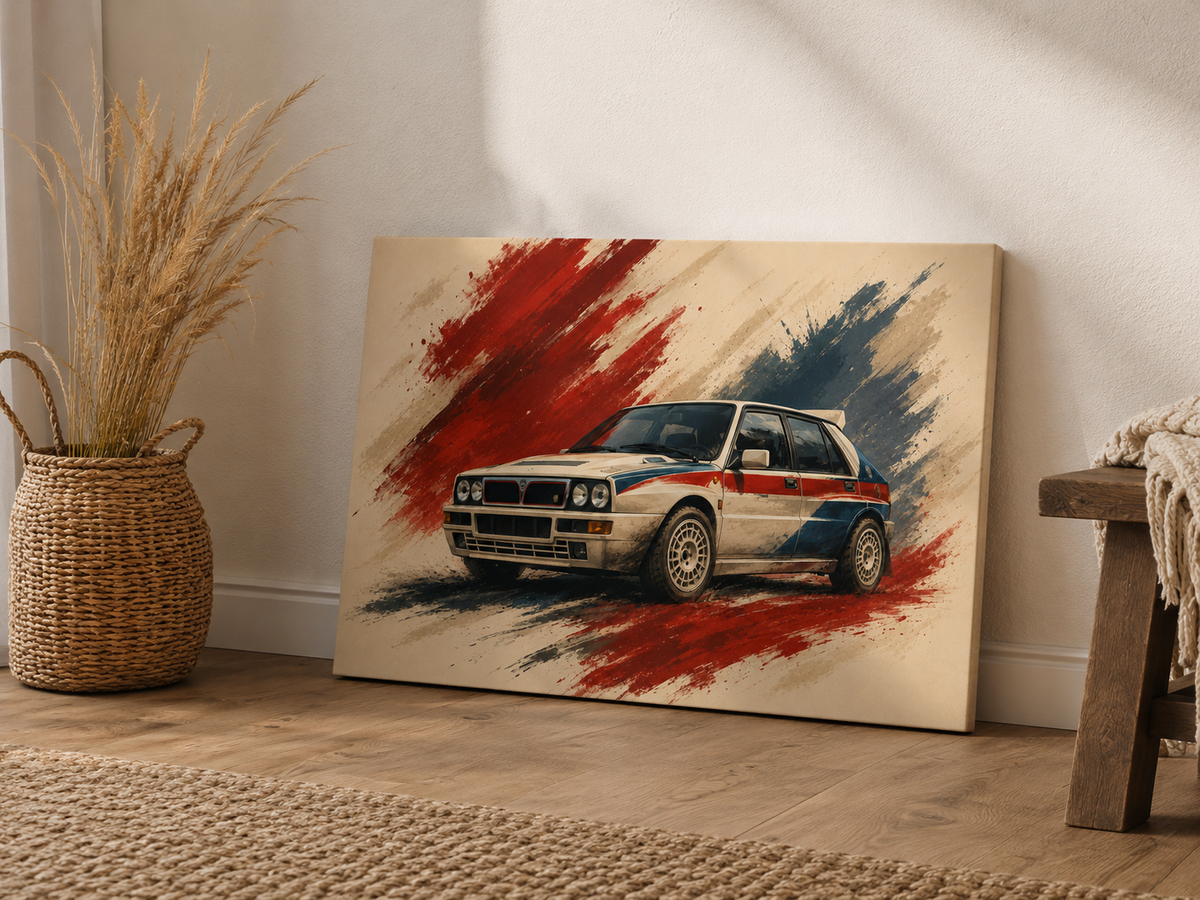 Rally Legacy illustrated rally hatch canvas leaning against the wall in a warm entryway