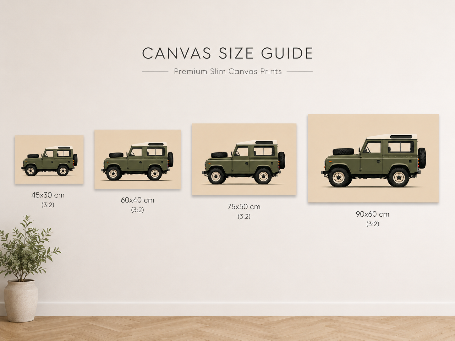 Olive Expedition canvas size guide showing 30x45 40x60 50x75 and 60x90 cm wall art sizes