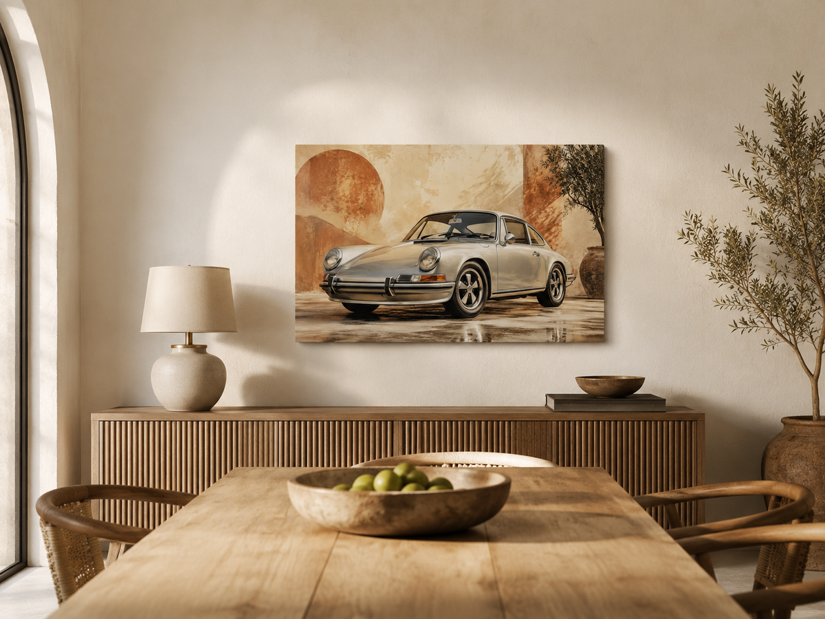Terracotta 911 vintage automotive canvas displayed in a bright dining room with natural wood furniture