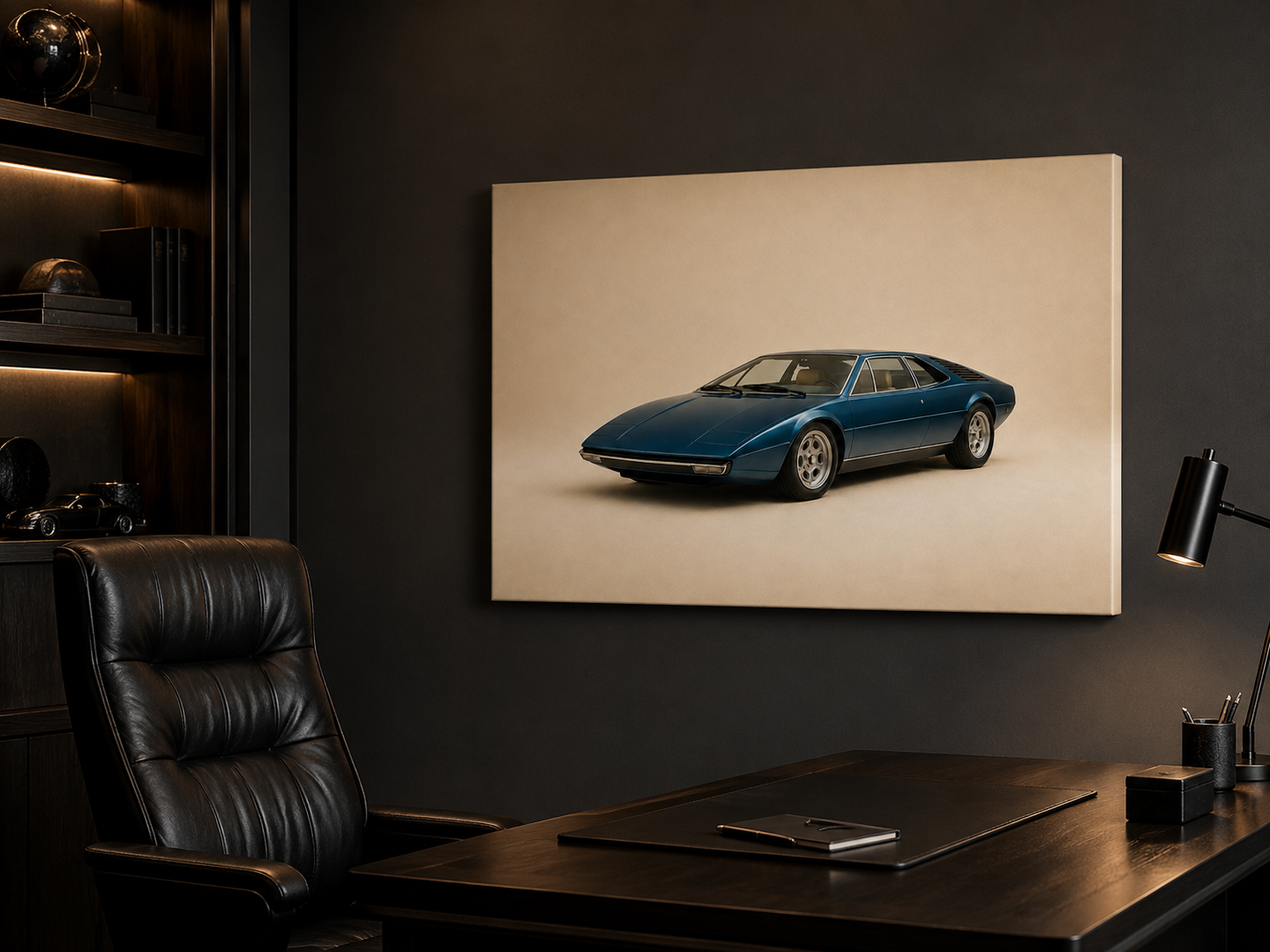 Blue Meridian petrol blue sports coupe canvas displayed in a luxury home office