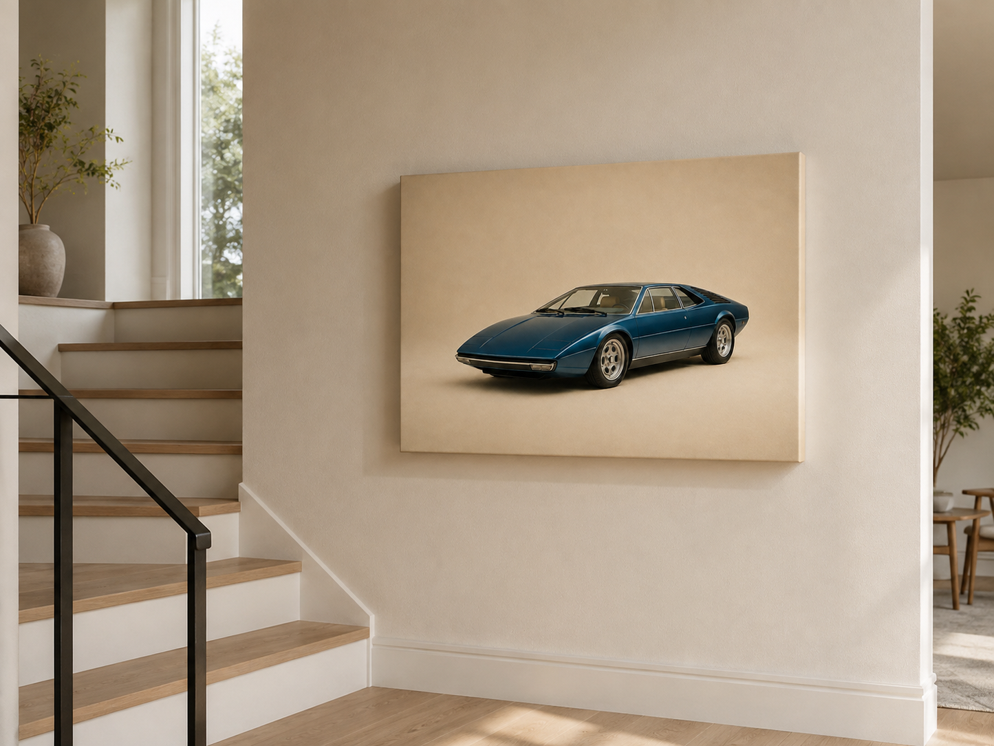 Blue Meridian retro sports coupe wall art displayed beside a bright staircase