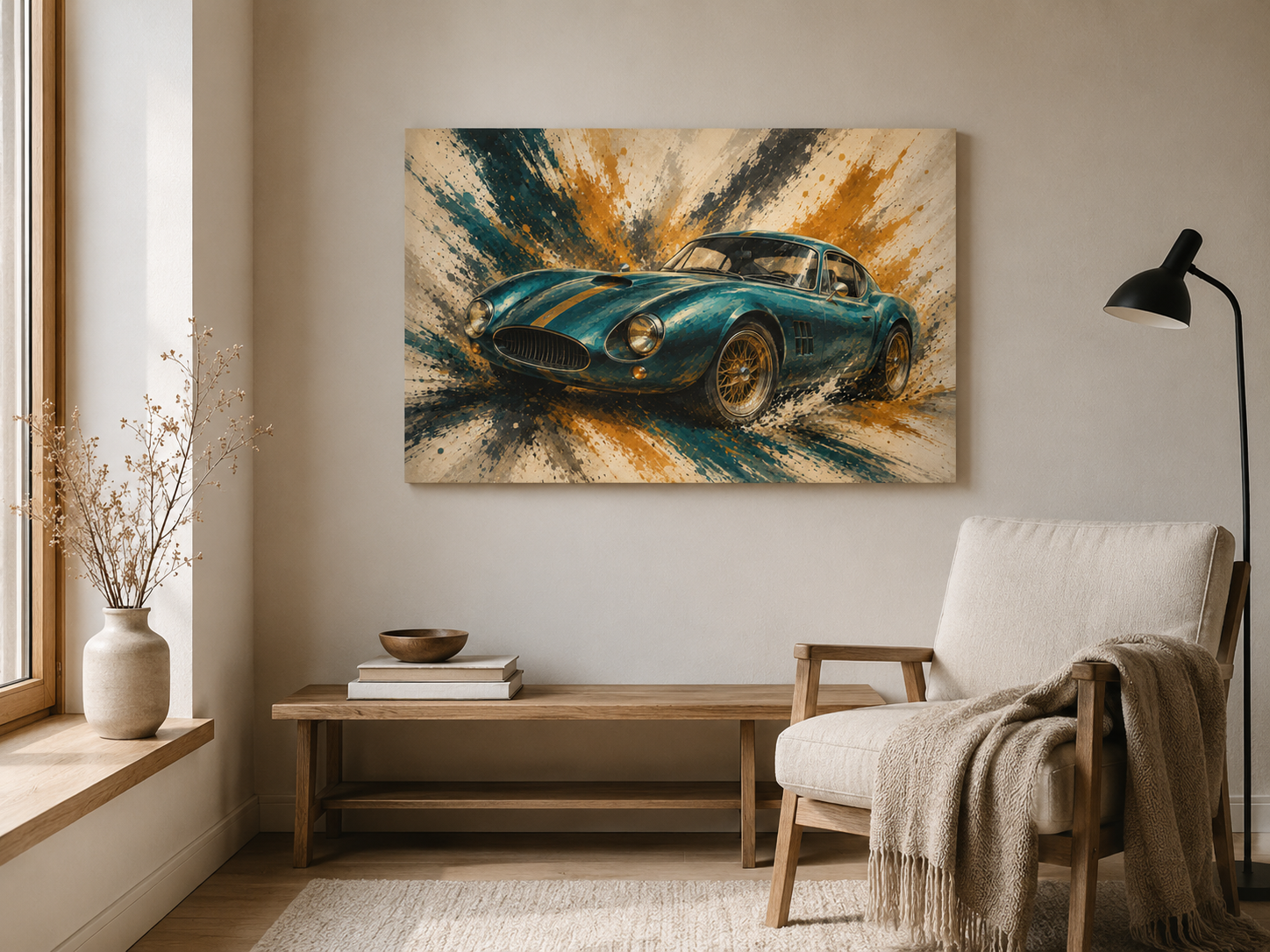Teal Velocity illustrated sports car canvas displayed in a warm contemporary reading corner