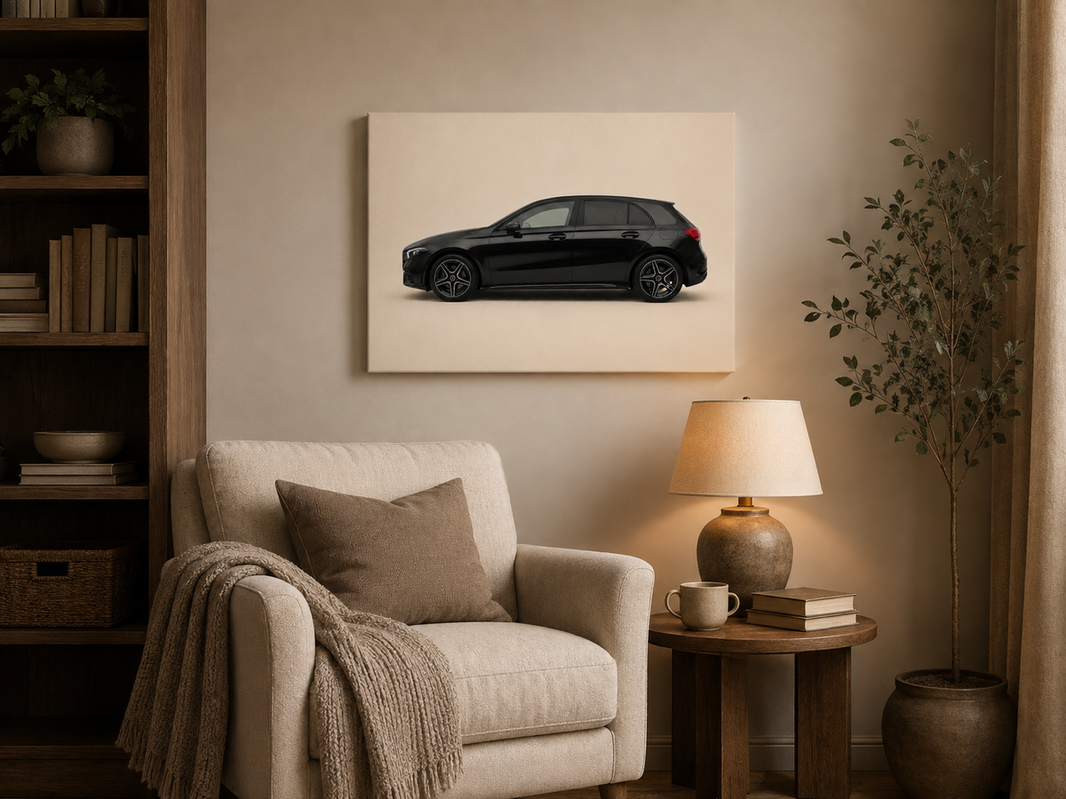 Blackline A black automotive wall art above an armchair in a warm reading nook