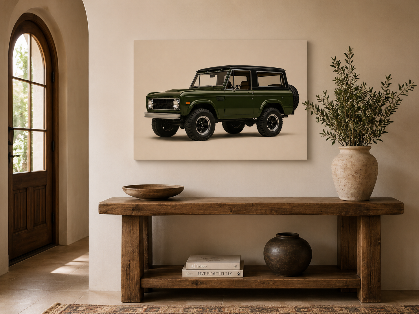 Olive Trail minimalist 4x4 artwork displayed above a rustic entryway console