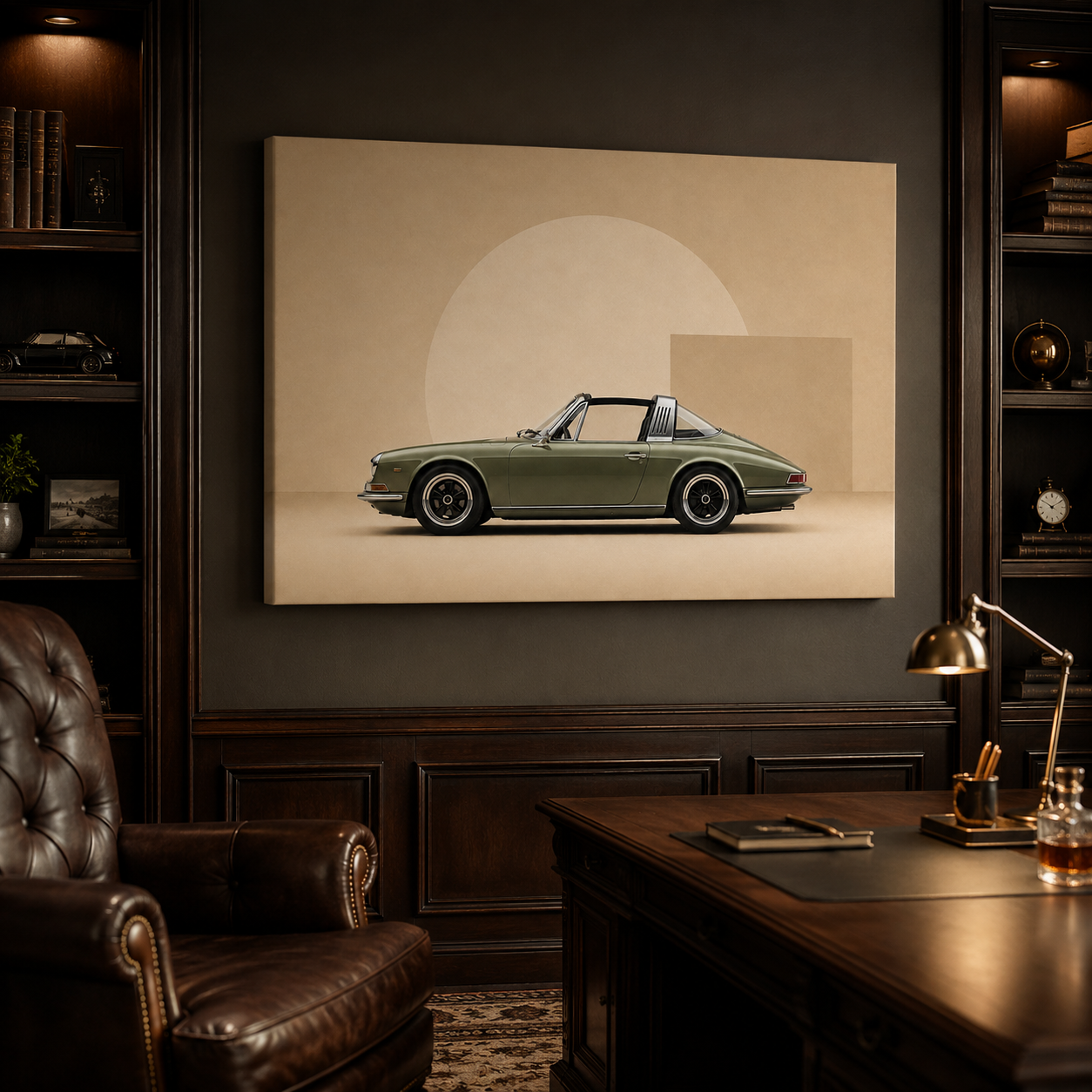 Olive Arc automotive artwork displayed in a warm executive study