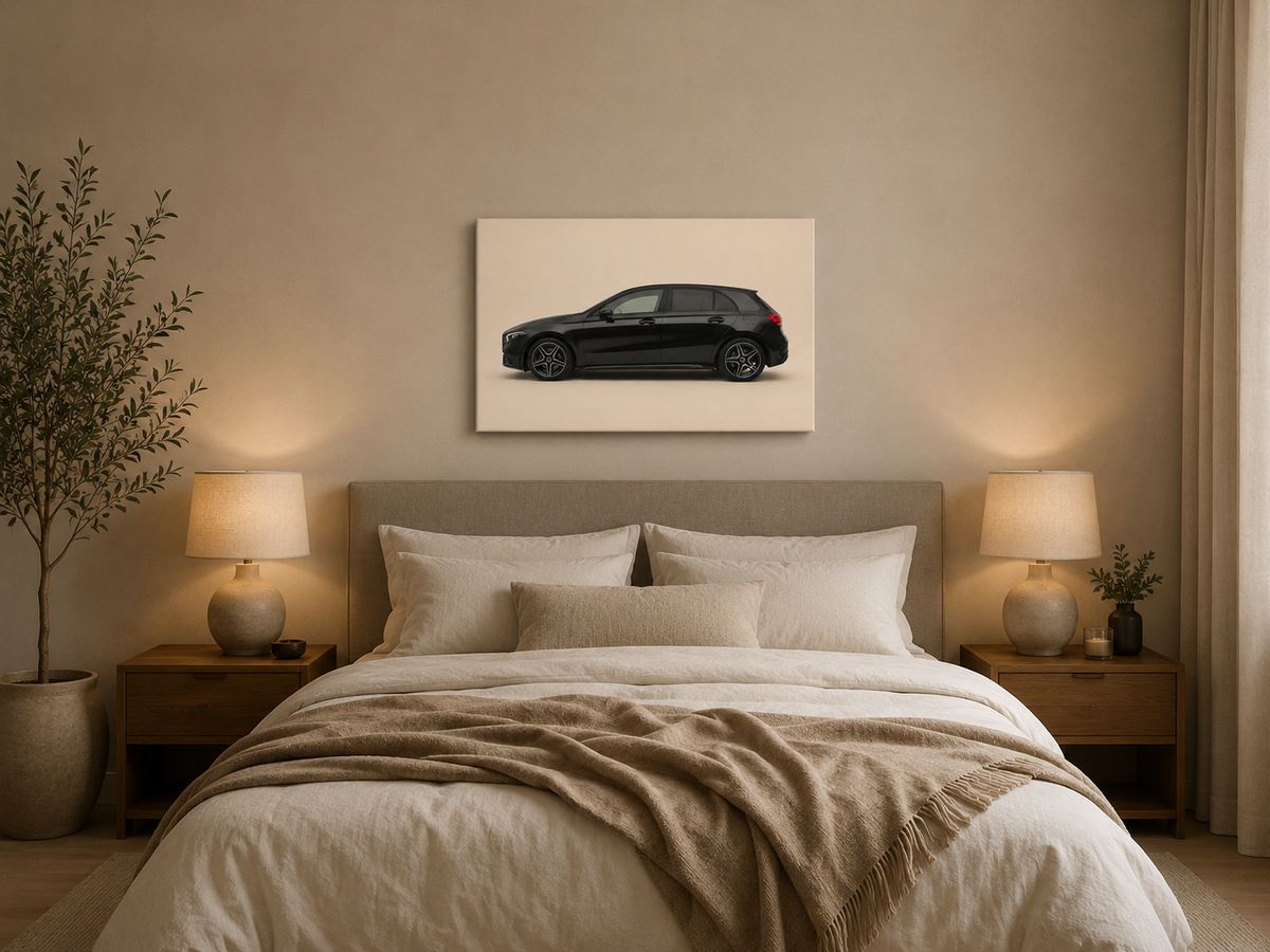 Blackline A minimalist black hatchback canvas displayed above a bed in a warm neutral bedroom