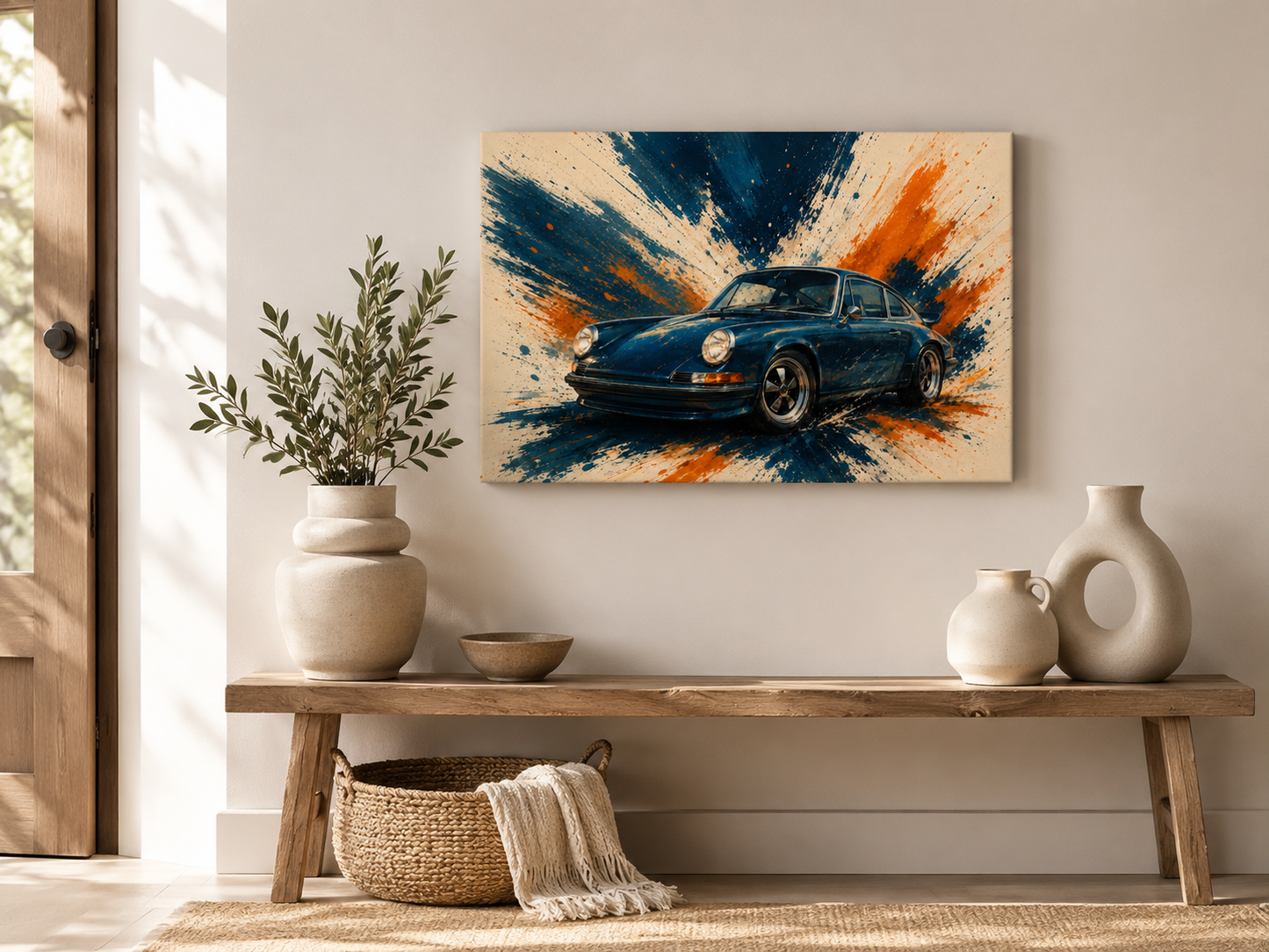 Blue Velocity expressive automotive canvas displayed above a modern wooden console