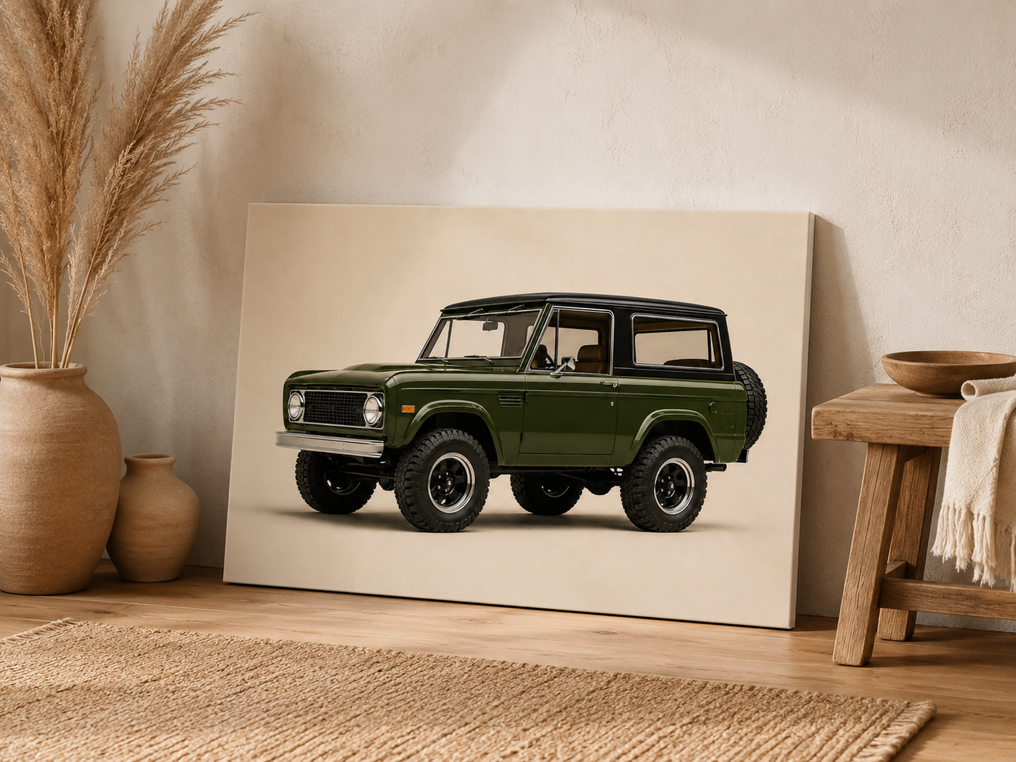 Olive Trail minimalist classic 4x4 canvas leaning against a wall in a warm neutral interior