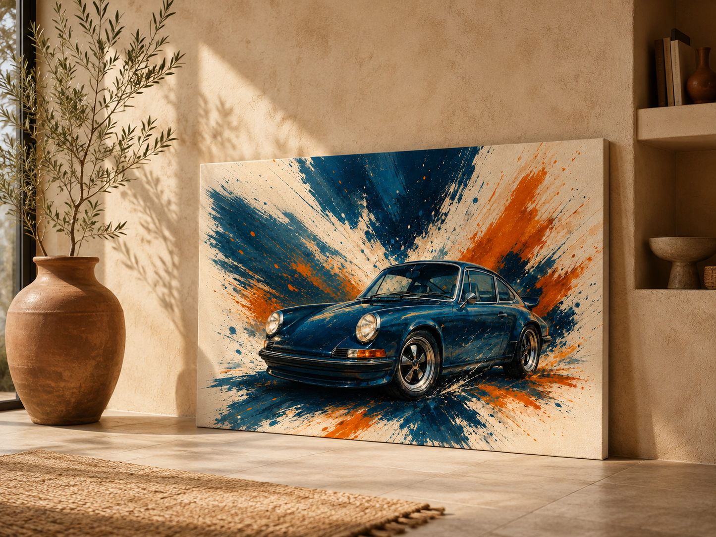 Blue Velocity blue sports car canvas leaning against the wall in a warm neutral interior