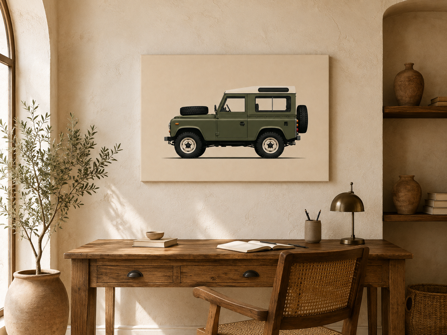 Olive green vintage off road canvas wall art displayed in a warm home office with natural wood furniture