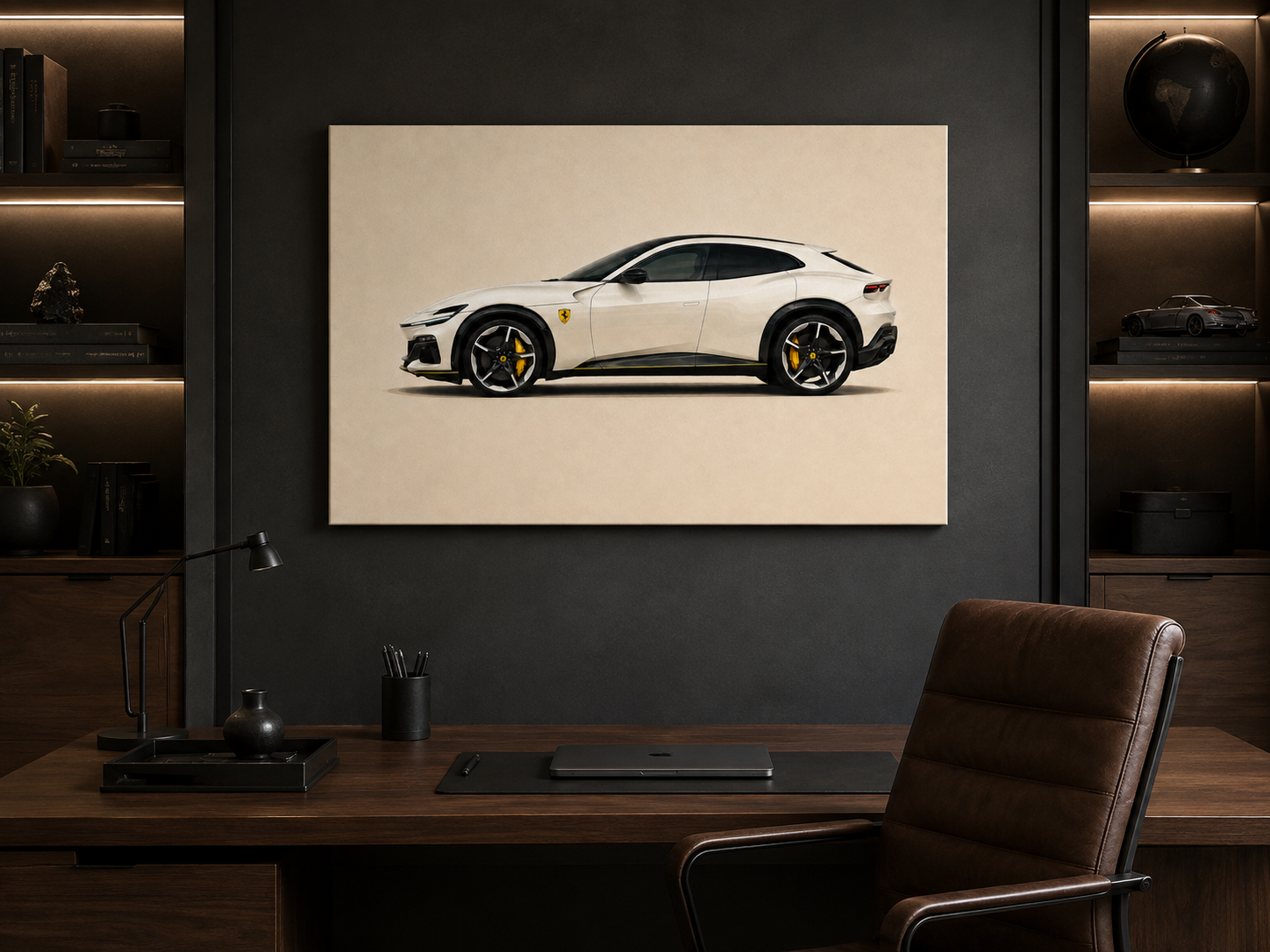 Minimalist white performance SUV automotive canvas wall art in a dark modern office